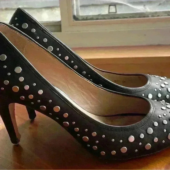 Diane Von Furstenberg Alina black, silver studded, pointy toe heels; size 9 - Picture 3 of 5
